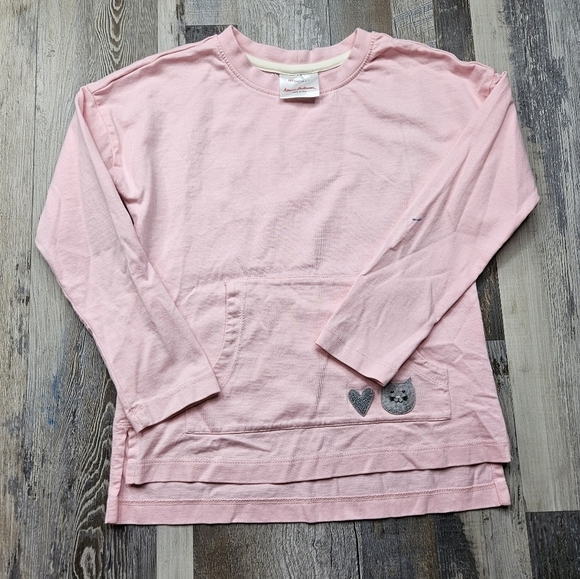 Hanna Andersson Girls 6-7 Pink Top Gray Cat Kangaroo Pocket - Picture 1 of 7